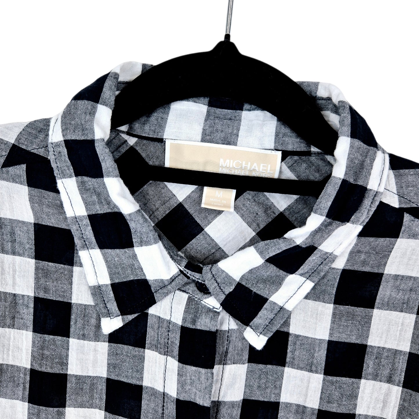 Michael Kors Womens Black & White Checkered Linen Button Shirt Size M