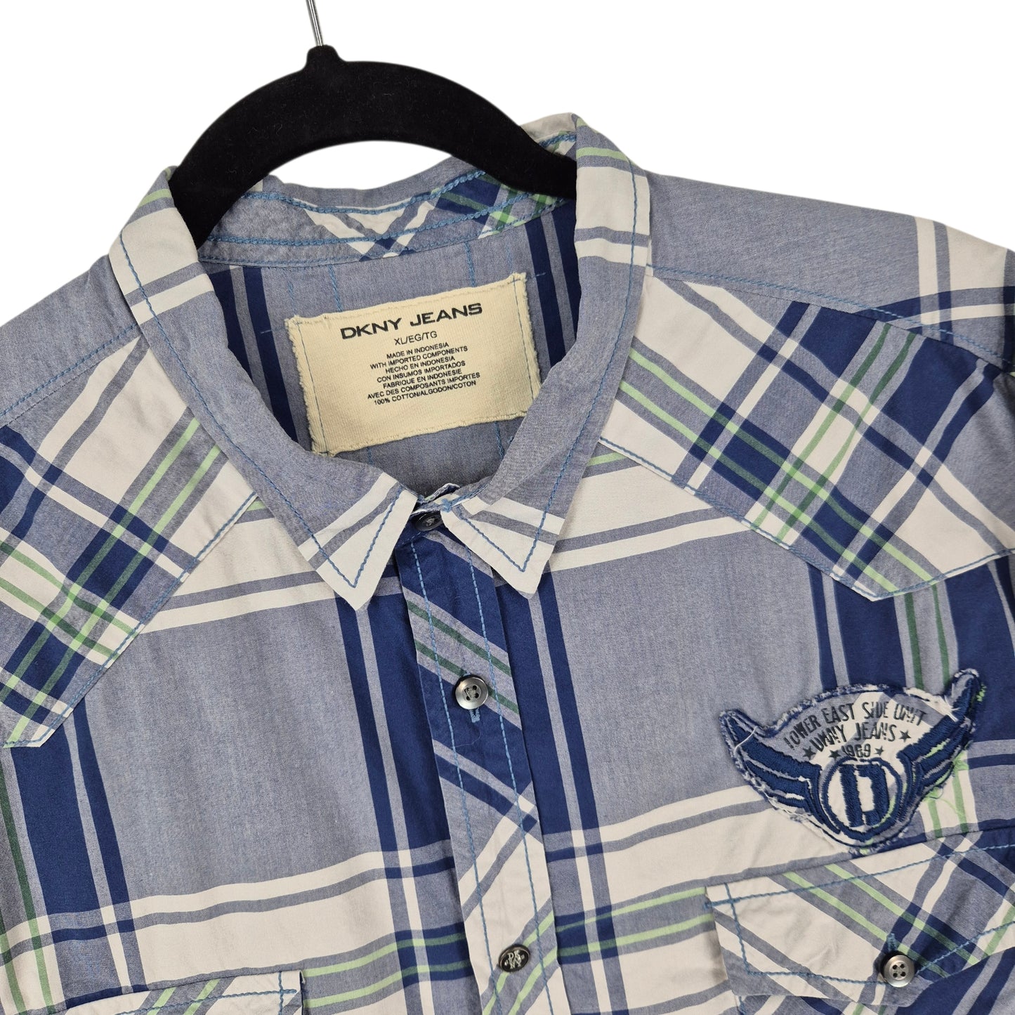 DKNY Blue Embroidered Checkered Long Sleeve Button Shirt Size XL