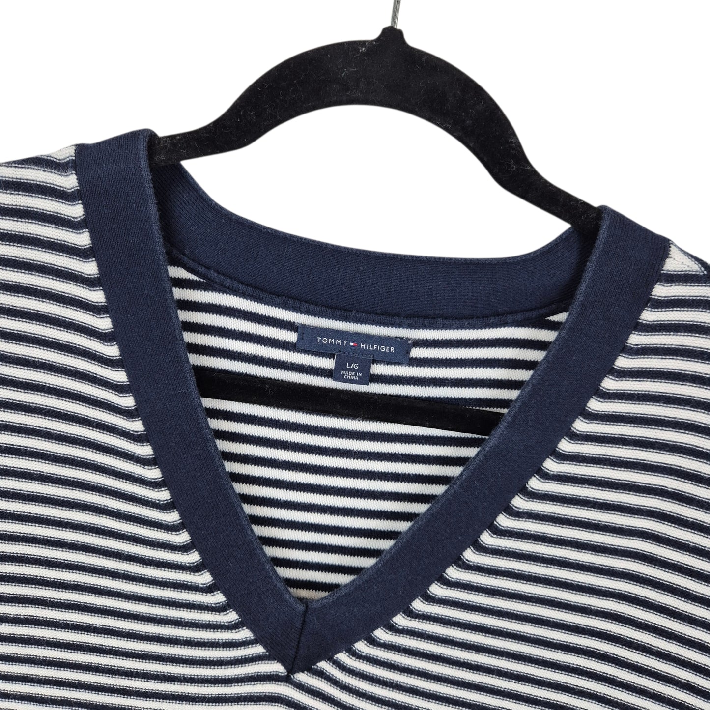 Tommy Hilfiger Womens Blue & White Striped V Neck Knit Sweater Size L