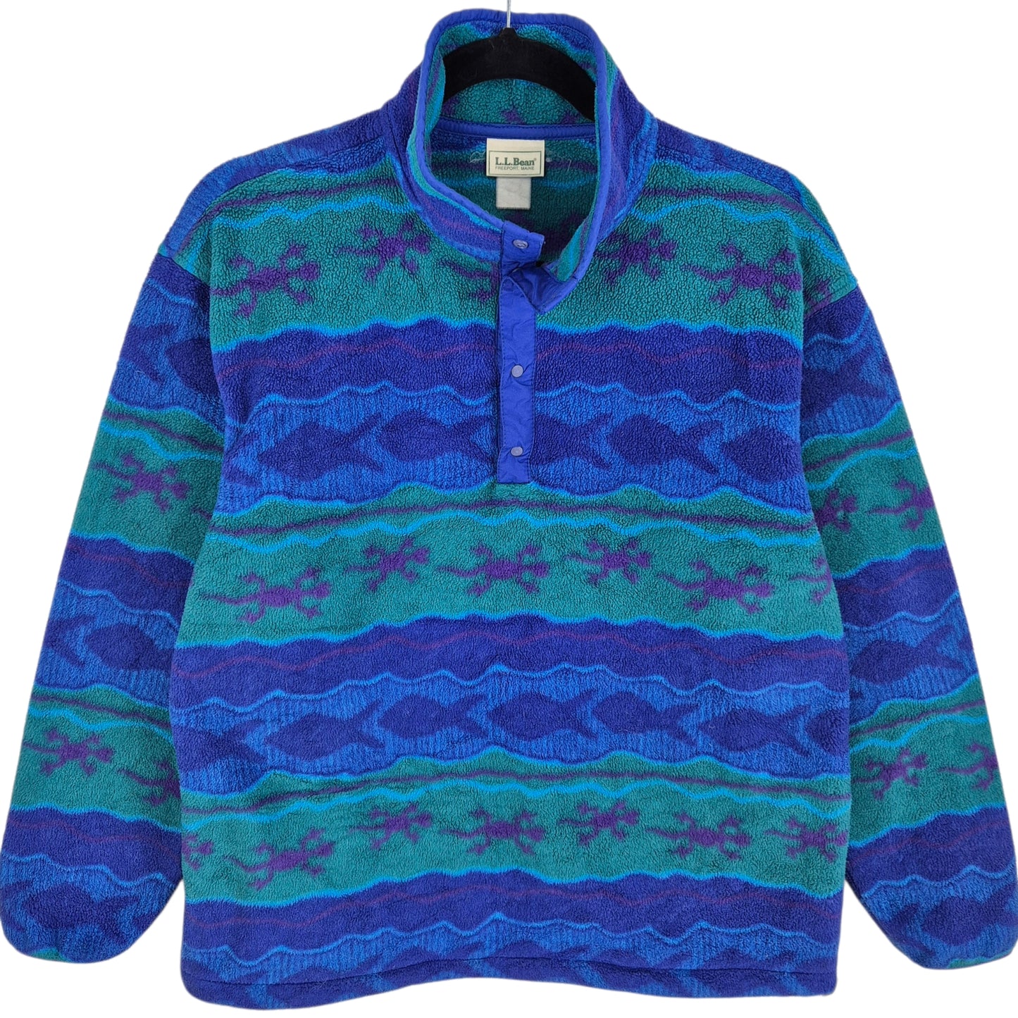 Vintage LL Bean 90's Blue & Green Quarter Button Fleece Jumper Size M