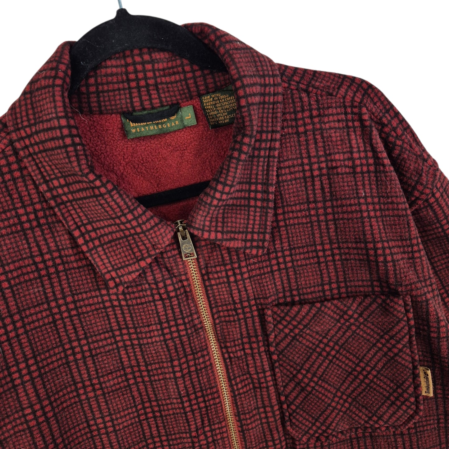 Vintage Timberland 90's Burgundy Checkered Fleece Zip Jacket Size L