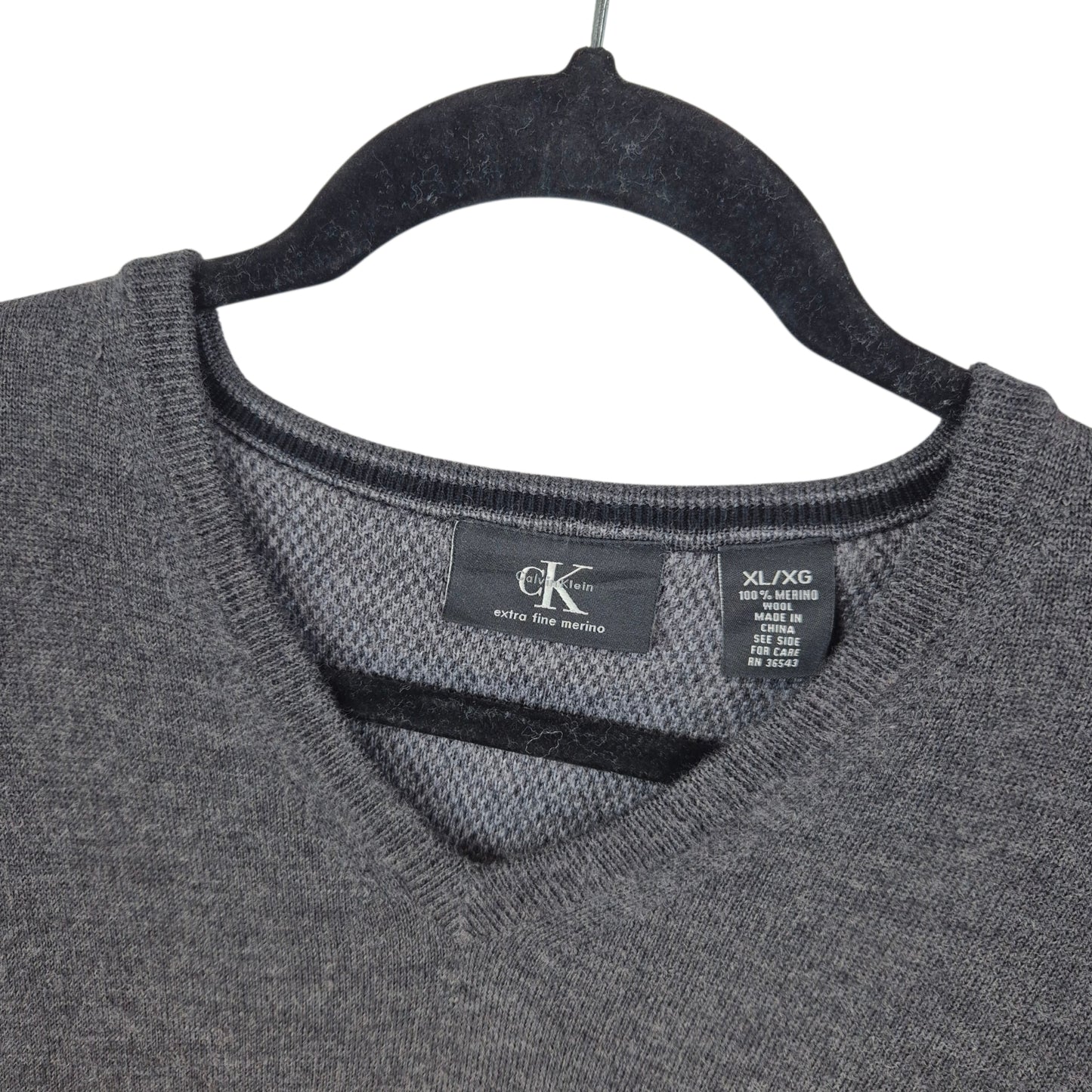Vintage Calvin Klein Grey Merino Wool V Neck Knit Sweater Size XL