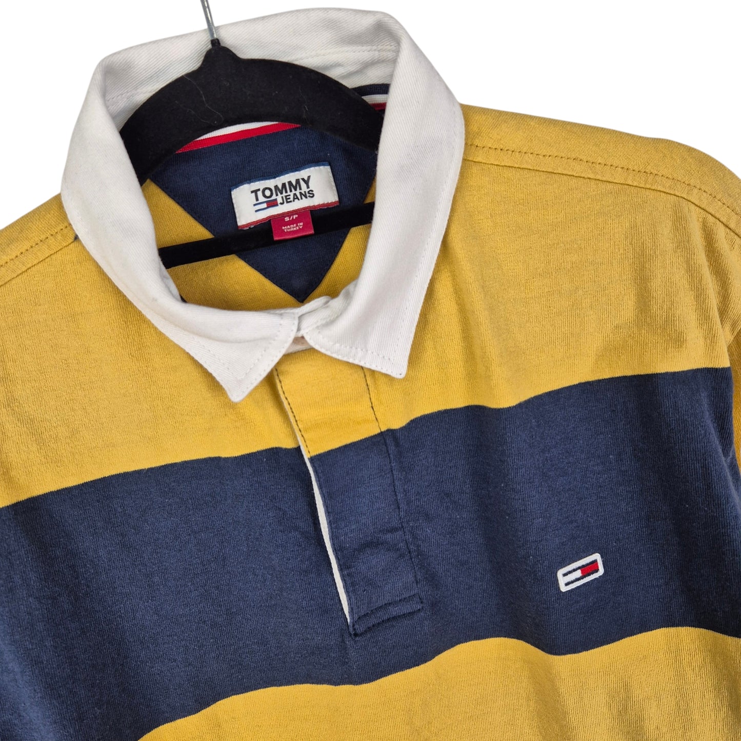 Tommy Jeans Dark Blue & Yellow Striped Long Sleeve Polo Shirt Size S