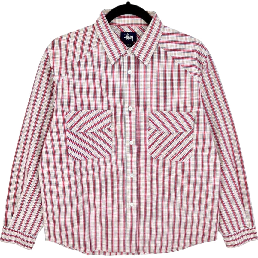 Vintage Stussy Red & Brown Checkered Long Sleeve Button Shirt Size M