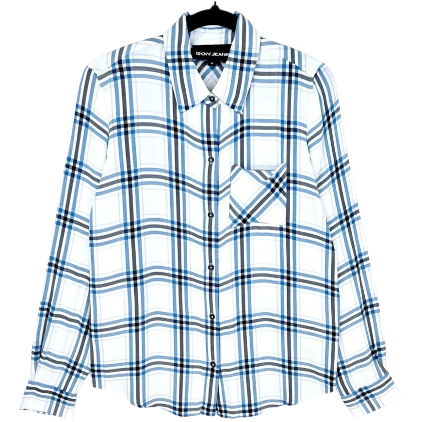 DKNY Womens White Checkered Linen Long Sleeve Button Shirt Size XS