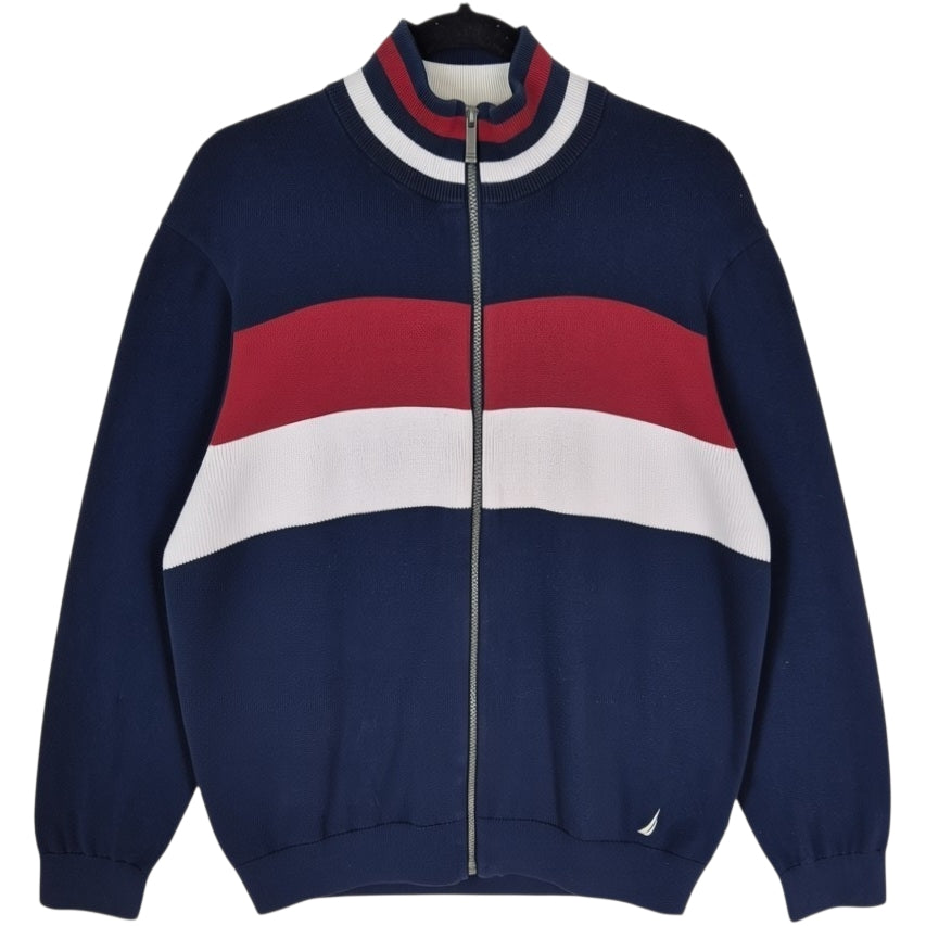 Nautica Dark Blue White & Burgundy Full Zip Knit Jacket Size L