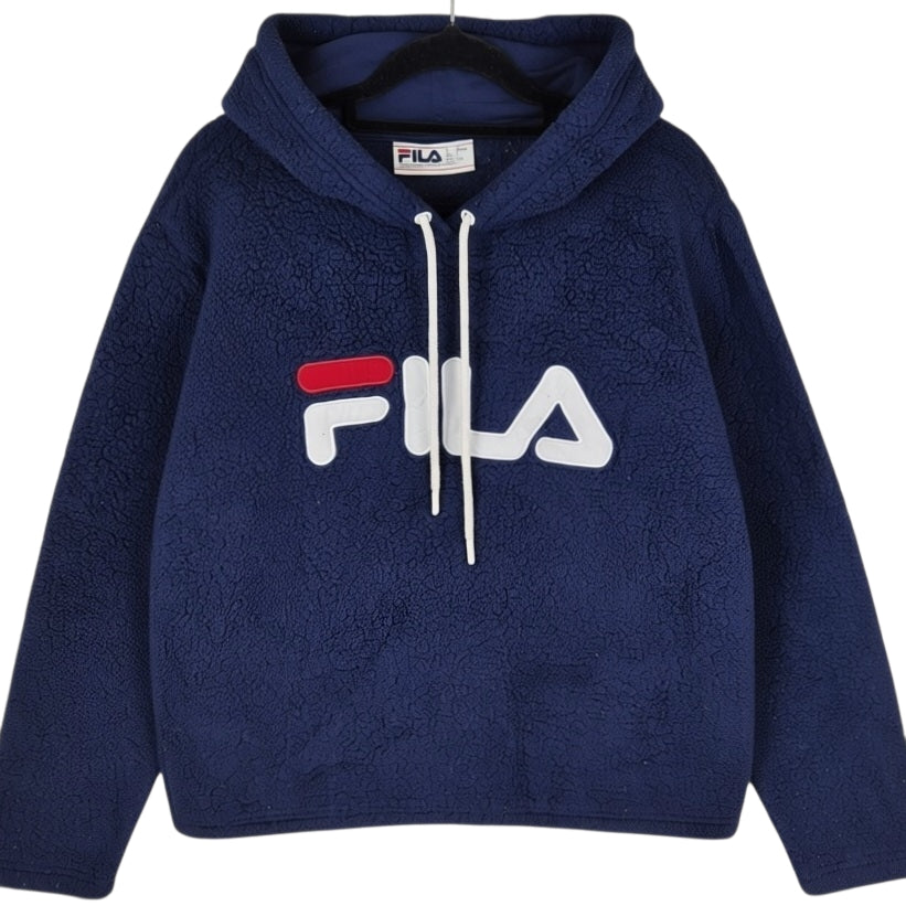 FILA Dark Blue Embroidered Fleece Hoodie Size L
