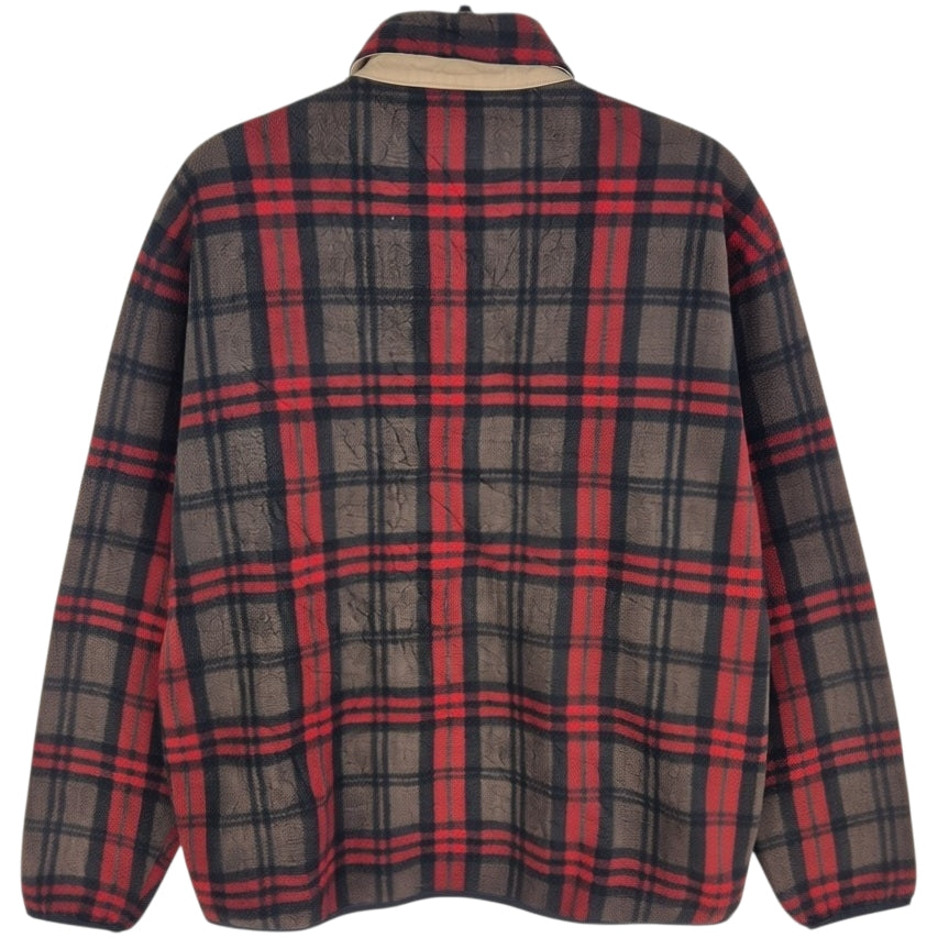 Chaps Brown & Red Checkered Quarter Button Fleece Jumper Size M