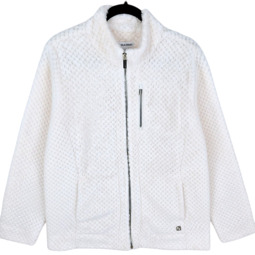 Calvin Klein Womens White Textured Fleece Zip Jumper Size L