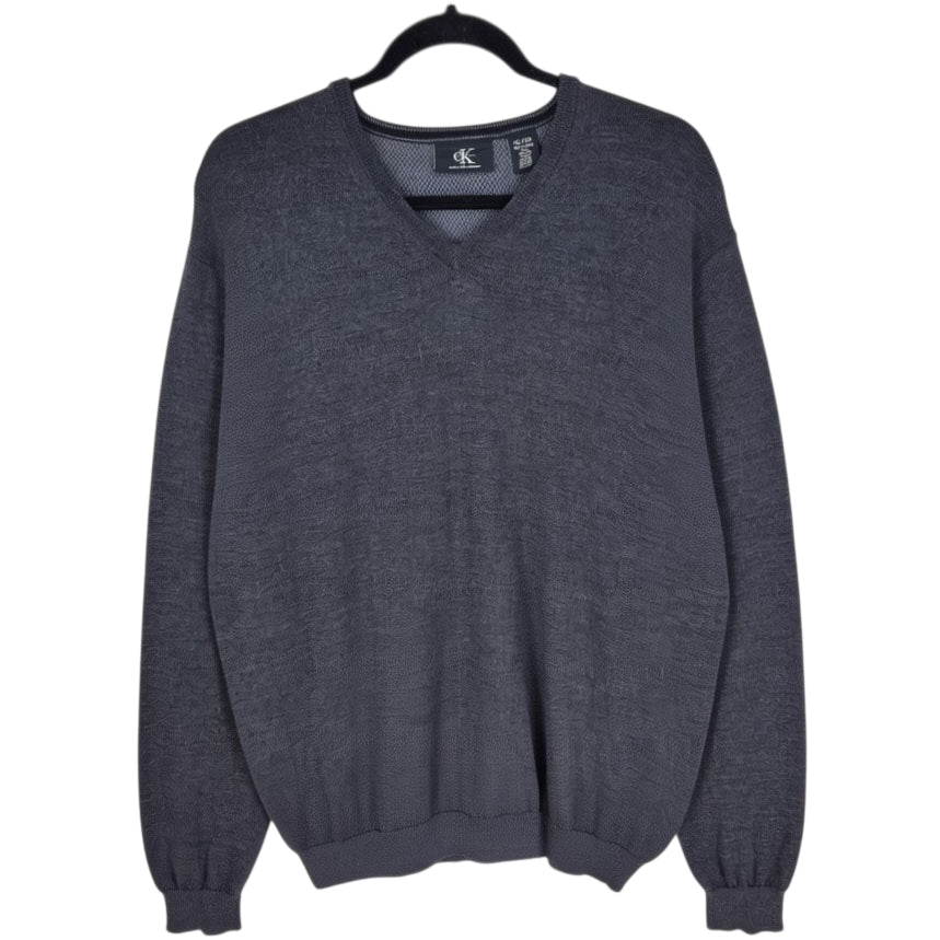 Vintage Calvin Klein Grey Merino Wool V Neck Knit Sweater Size XL